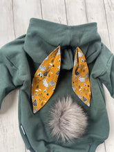 Load image into Gallery viewer, Bunny Sweater Romper - Pine / White and black bunnies for ears