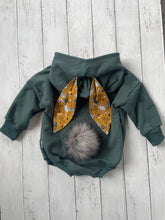Load image into Gallery viewer, Bunny Sweater Romper - Pine / White and black bunnies for ears