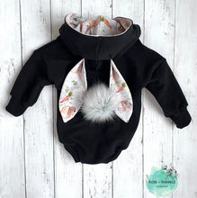 Load image into Gallery viewer, Bunny Sweater Romper - Black/ White and black bunnies for ears