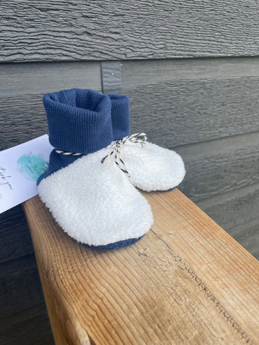 Baby Booties- Marlin Blue Waffle with White Sherpa Toe