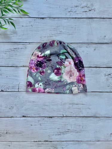 Bamboo Beanie - GREY FLORAL 0-6M